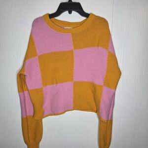 Jessica Simpson Pink & Orange Checkerboard Cropped Crewneck Sweater-XS